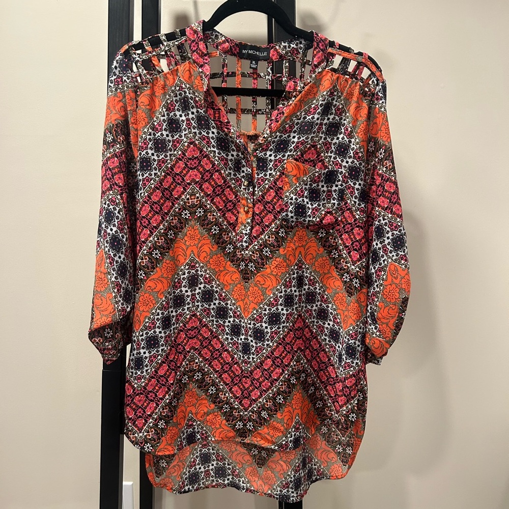 15.  My Michelle Orange Pink Graphic Blouse with Mandarin Collar